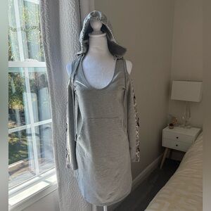 Venus Gray Hooded Dress with  Leopard Detail Long Sleeves